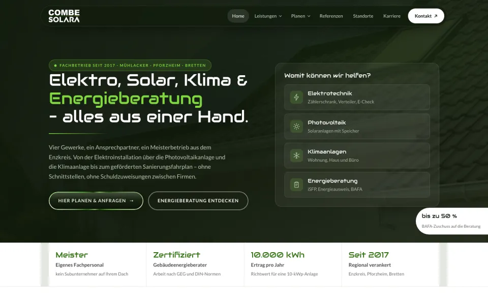Website combe-solara.de, Desktop-Ansicht