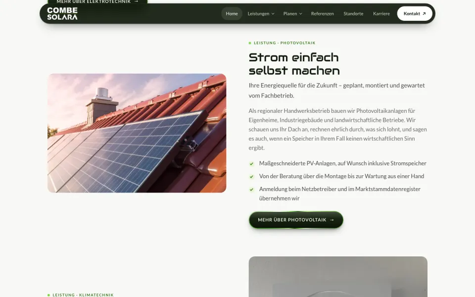 Website combe-solara.de, Desktop-Ansicht