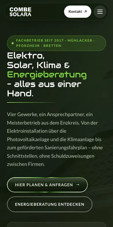 Website combe-solara.de, Smartphone-Ansicht
