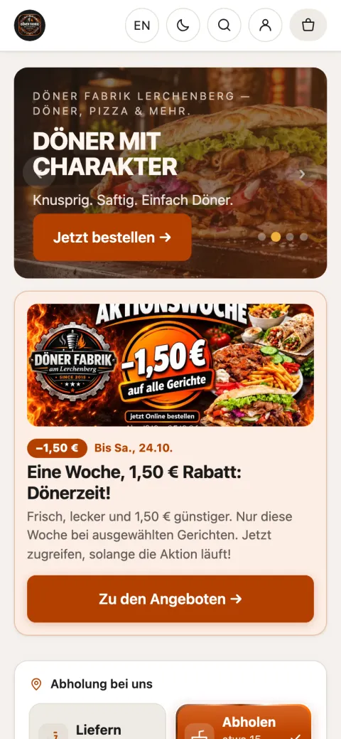 App Döner Fabrik Lerchenberg, App-Ansicht: Start mit Aktionen