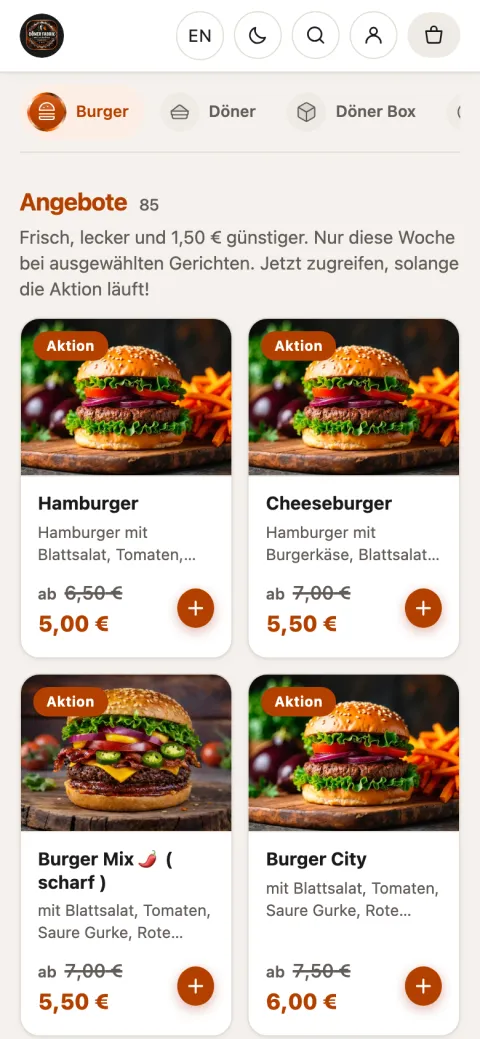 App Döner Fabrik Lerchenberg, App-Ansicht: Speisekarte