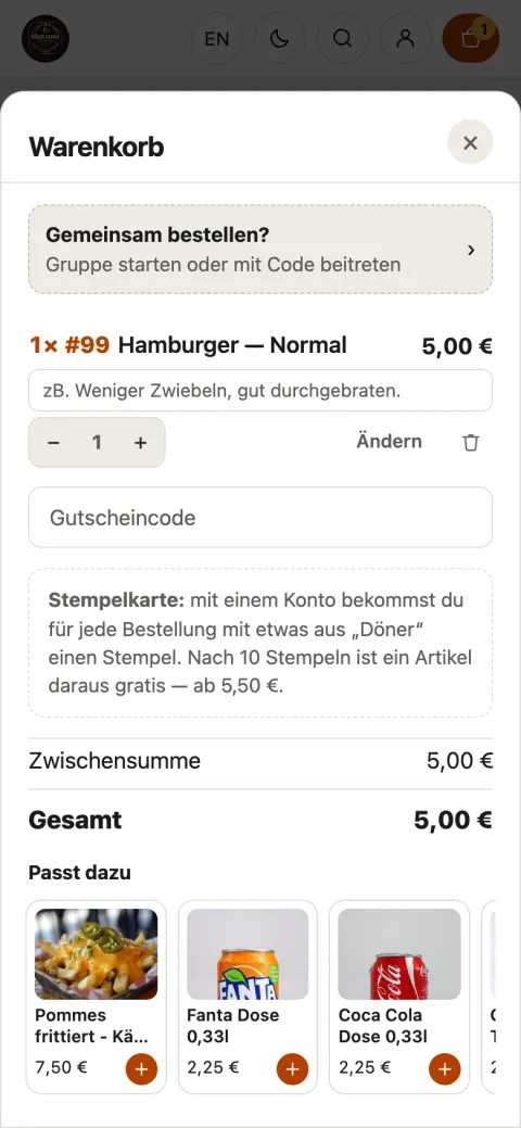 App Döner Fabrik Lerchenberg, App-Ansicht: Warenkorb