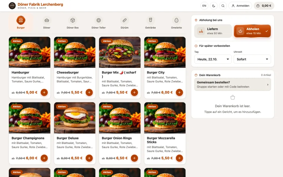 Website Döner Fabrik Lerchenberg, Desktop-Ansicht