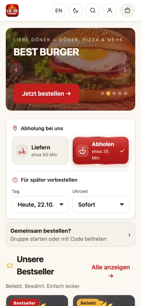 App LiebeDöner, App-Ansicht: Start mit Aktionen