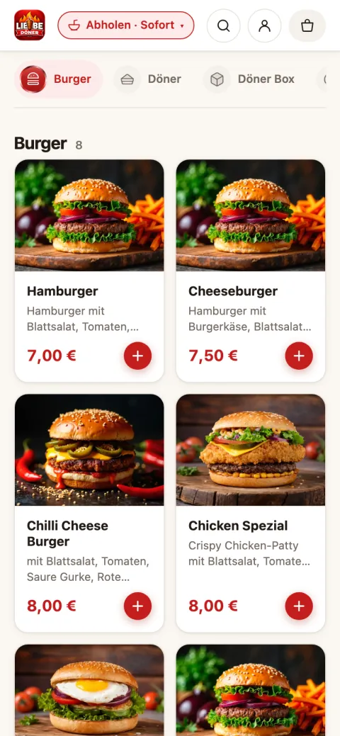 App LiebeDöner, App-Ansicht: Speisekarte