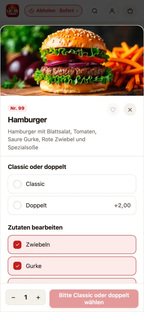 App LiebeDöner, App-Ansicht: Gericht anpassen