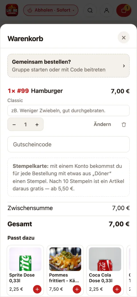 App LiebeDöner, App-Ansicht: Warenkorb