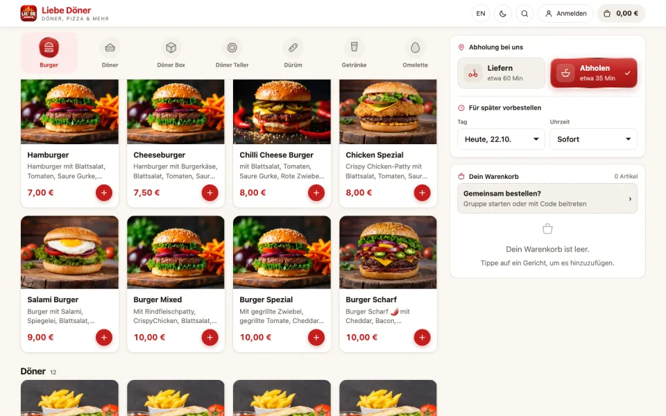 Website LiebeDöner, Desktop-Ansicht
