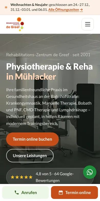 Website praxis-degreef.de, Smartphone-Ansicht